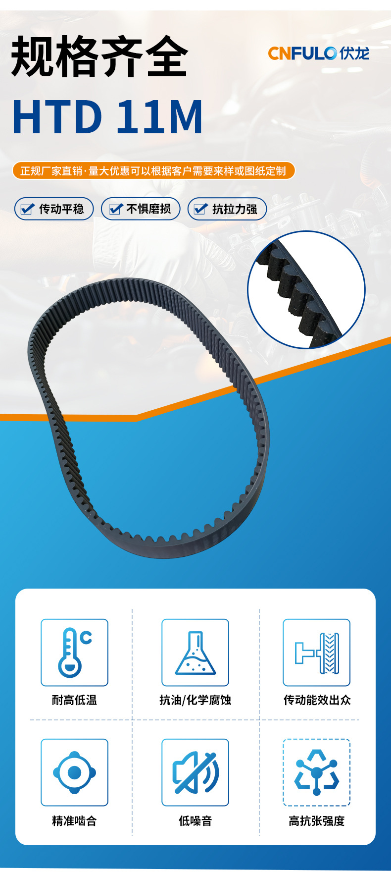 HTD 11M single-sided arc-tooth industrial timing belt: Electric motorcycle light-load conveyor Fulong rubber transmission belt