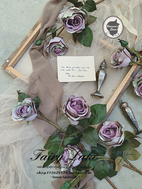 ins Western Antique Soul Poem Purple Green Oil Painting Rose Flower Nail Art Shooting Props Silk Flower