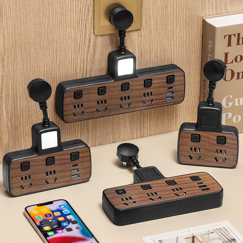 復古木紋排插家用轉換器短線USB插座帶小夜燈接線板插排面板多孔