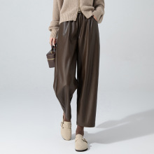 郑州女裤新款PU皮裤哈伦高腰松紧腰潮牌休闲裤宽松镰刀老爹