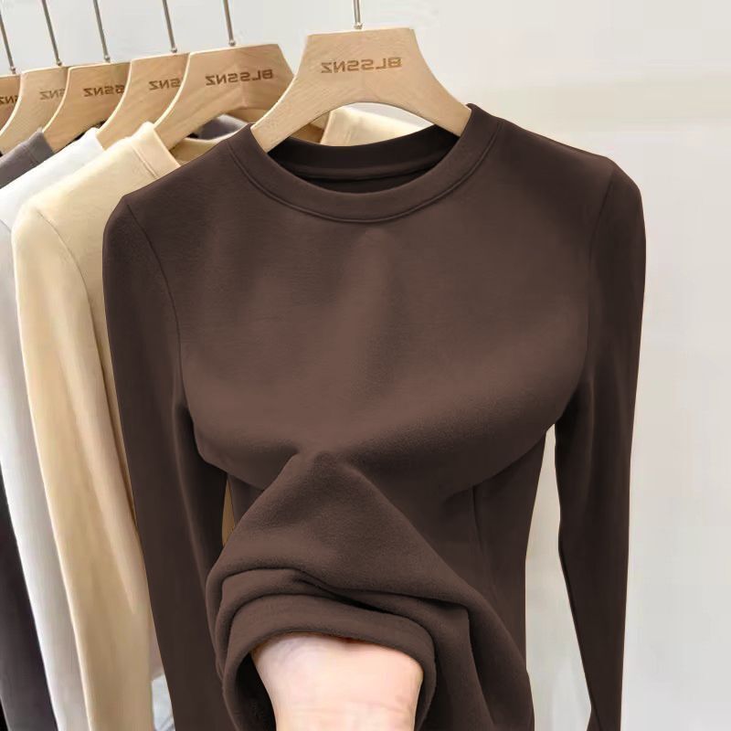 7 Colors in Stock Threaded Velvet Round Neck Bottoming Shirt T-Shirt for Women Versatile Pure Color Long-Sleeved Slim Inner Top for Women