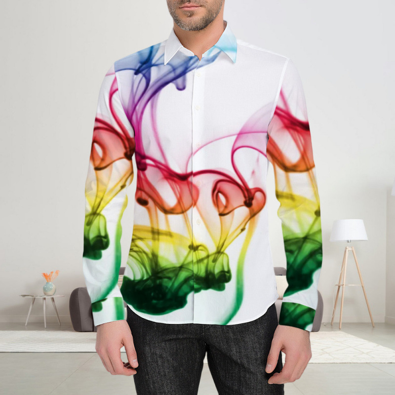 Cross-Border Men's Rainbow Smoke 3D Digital Print Long-Sleeved Shirt, Personalized Artistic Style Slim Fit Casual Shirt Wholesale