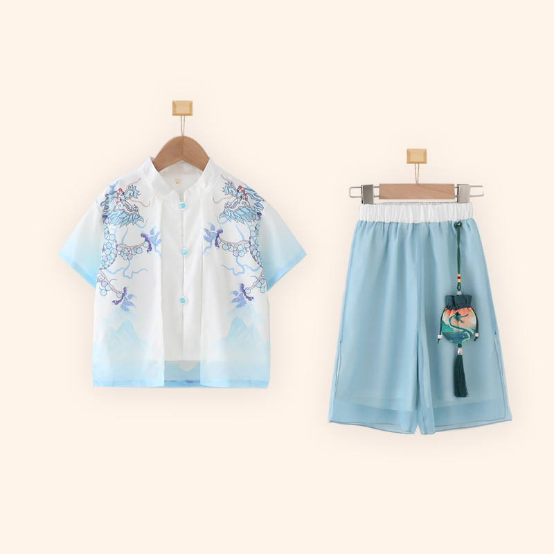兒童漢服男童短袖套裝夏季國風新中式假兩件五六一幼兒園演出服裝