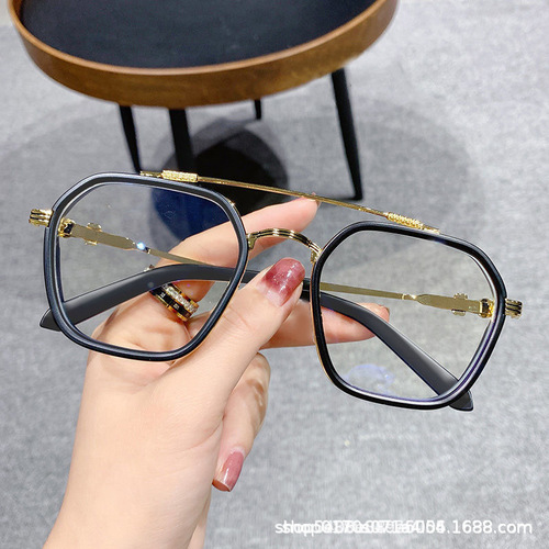 2024 New Double Bridge Glasses Retro Square Frame Nearsighted Glasses, Influencer Style Blue Light Blocking Fashion Trend Flat Lens
