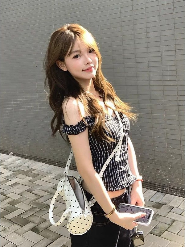 レトロホットガール黒チェック柄ワンショルダーツーウェアシャツレディース夏ウエストショートショートオフショルダートップ|undefined