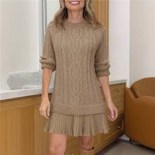 亚马逊欧美2025跨境独立站圆领麻花针织雪纺拼接甜美气质连衣裙子