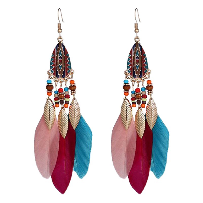 Water Drop Tassel Feather Earrings Women's Long Bohemian Rice Beads European and American Earrings Ethnic Style Tourism Vacation Accessories