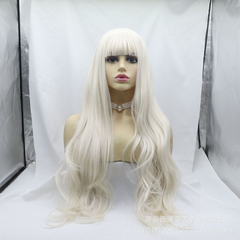 Westia Wig Female Cos Milky White Full Bangs Long Curly Hair Chemical Fiber High Temperature Silk Mechanism Wigs One Piece Drop Shipping