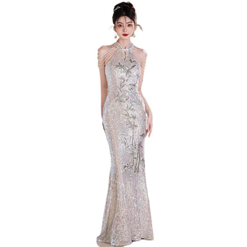 Sequined Evening Gown Women's Light Luxury Mermaid Dress Waist Cinching New Style Host Performance Costume_ecoleips.com