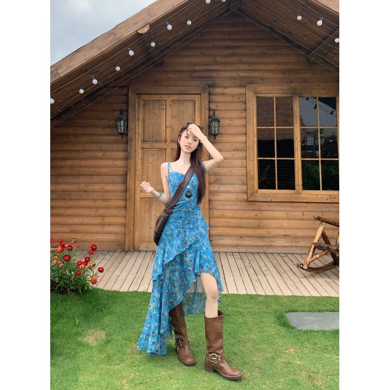 リゾートスタイルレトロ花柄サスペンダードレス女性の夏のデザイン不規則なロングスカートウエスト痩身Aラインスカート|undefined