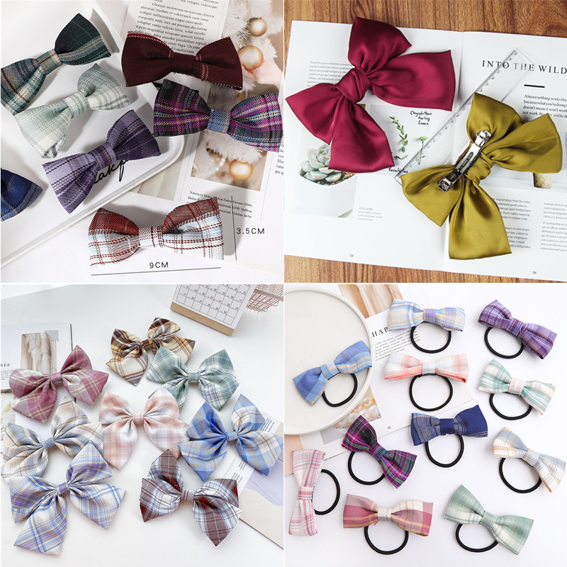 網紅韓版髮飾女孩JK少女蝴蝶結馬尾髮夾學院風制服布藝格子頂夾