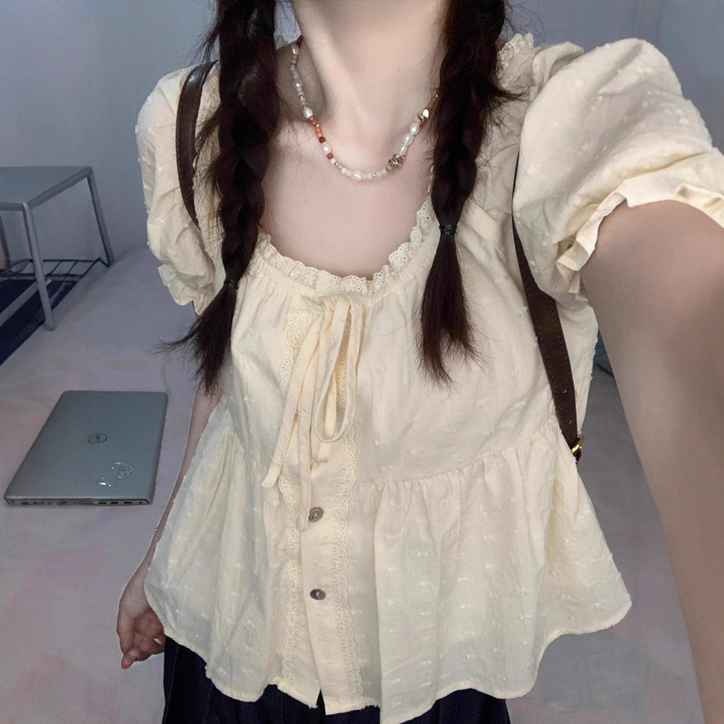 French Sweet Lace Babydoll Short-Sleeved Shirt Women's Summer Chic Slimming Shirt Square Collar Top French Sweet Lace Babydoll Short-Sleeved Shirt Women's Summer Chic Slimming Shirt Square Collar Top