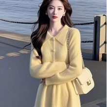 新款气质小香风名媛小洋装清纯系掐腰黄色针织连衣裙子女