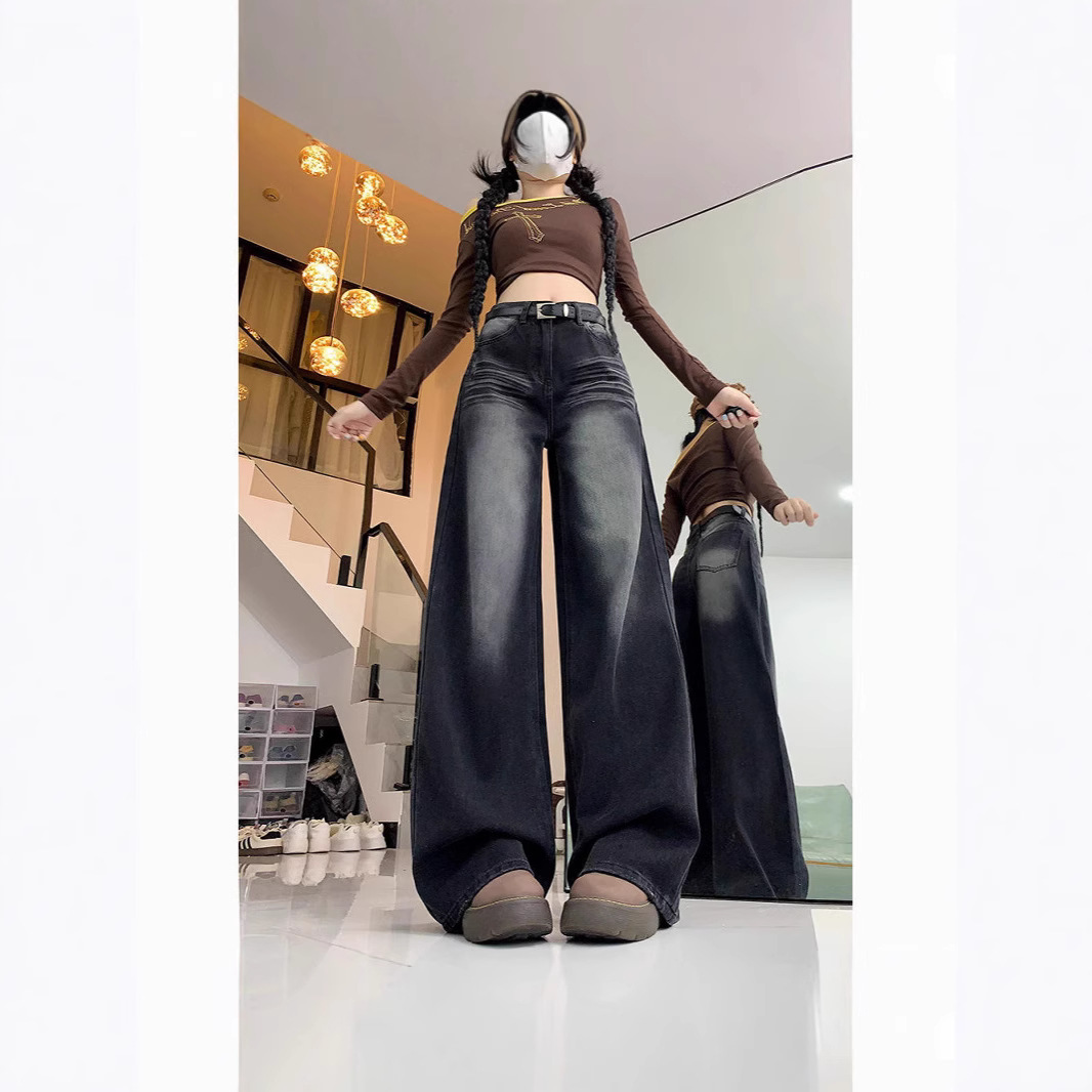 Ins American Black Grey Straight Leg Jeans Women's Spring and Autumn 2024 New High Waist Loose Slim Wide Leg Pants