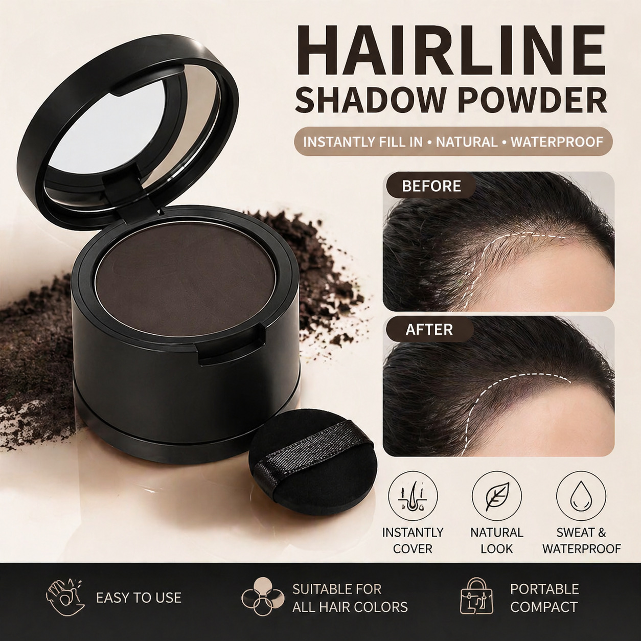 Waterproof, sweatproof, and long-lasting hairline powder; a must-have for filling in hairline gaps, concealing high foreheads, and contouring.