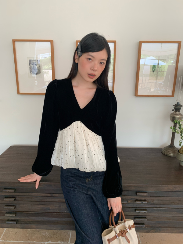 09.19十三行秋季25秋小个子复古减龄拼接长袖V领丝绒卫衣女F6637|undefined