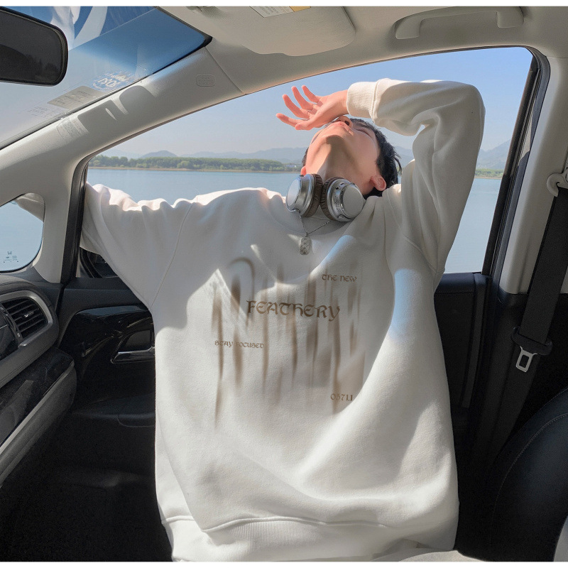 Chinese Cotton Crewneck Sweatshirt Men's Spring and Autumn New Fuzzy Letter Sweatshirt Loose Casual Hoodless Sweatshirt Jacket for Boys