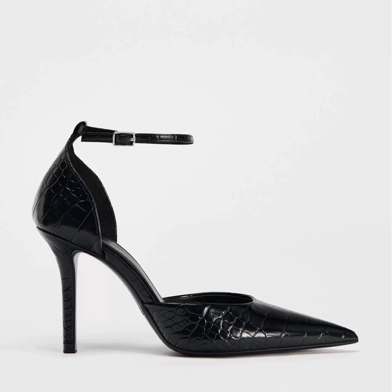 Black Patent Leather Animal Print Pointed Toe Stiletto Mules with Ankle Strap and Snake Print High Heels