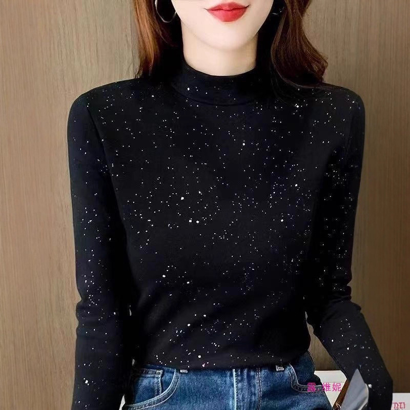 2025秋冬星空衣打底衫百搭小立领亮片星空绒T恤女士长袖内搭上衣|undefined