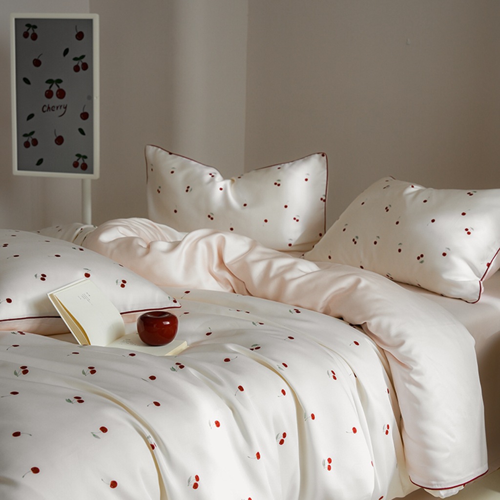 Austrian Lenzing Tencel Sheet Set For Girls Cherry Print Ice Silk_voghion.com