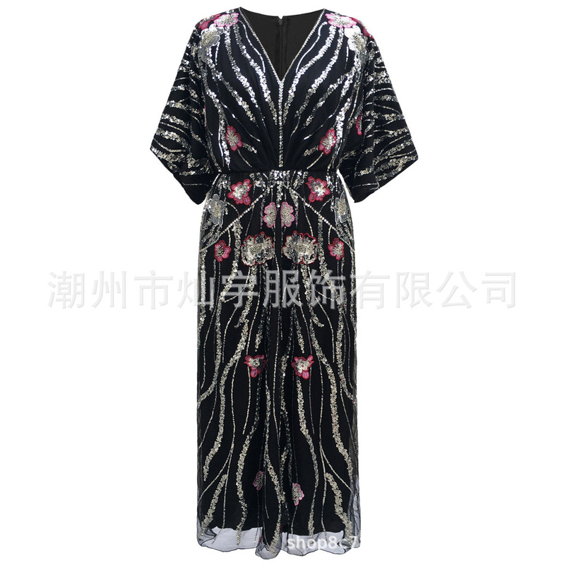 New European and American 1920 vintage Gatsby ball gown dance skirt Amazon round neck sequined beaded embroidery plus size dress