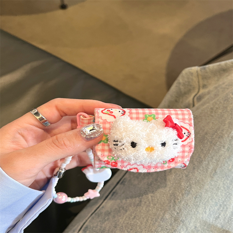 日韓絨布格紋立體kt貓蘋果AirPods1/2藍牙耳機pro保護套3適用鏈條