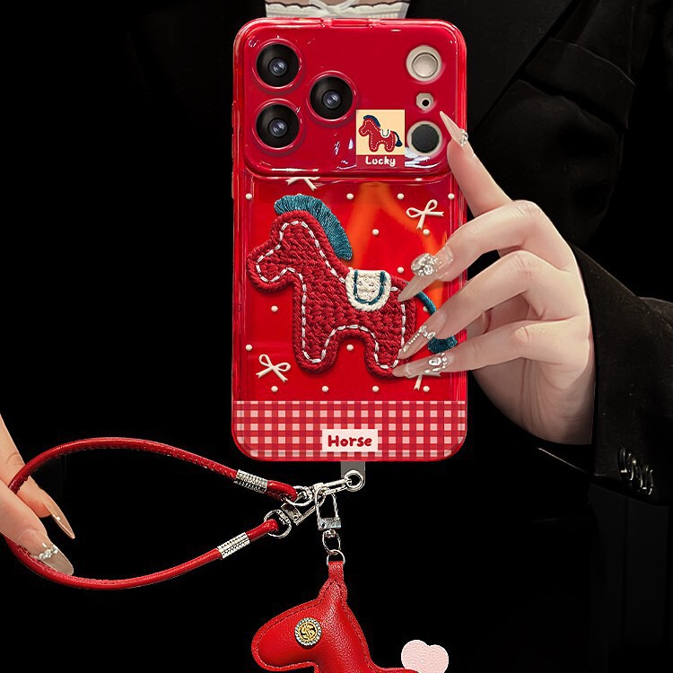 Suitable for Apple 16Promax Mobile Phone Case Iphone17 New Year Series 15 Silicone 14 Plush Pony Lanyard 13