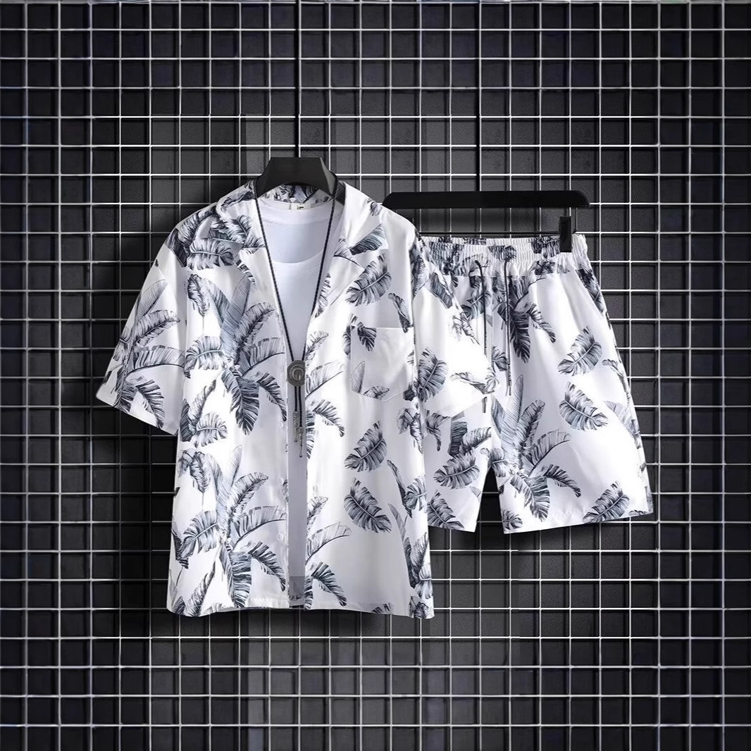 Retro floral short-sleeved Thai Hawaiian beach style quick-drying design stylish loose two-piece set for couples