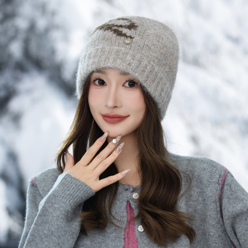 Swee Cue Bow Jacquard Knied Beanie Auumn Winer Lierary Versaile Large Head Circumference Wool Cold-proof Warm_voghion.com