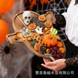 跨境木质万圣节餐盘家用派对桌面点心零食装饰盘实木幽灵早餐托盘