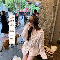 Lukira【柔柔心动】粉色麻花毛衣开衫外套女秋冬宽松慵懒针织上衣