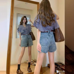 格子半袖上着デニムショートパンツ2点セット夏小柄気品お姉さん風高級感着着セット