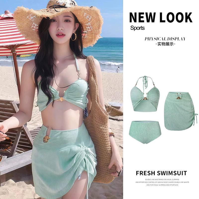 2025 новый разделенный набор бикини из трех частей Сексуальный курортный купальник высокого уровня бархатный мятный зеленый ins