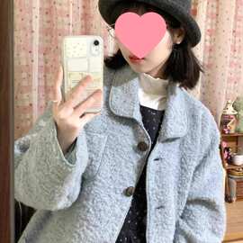 超好看温柔甜美蓝色显白气质羊羔绒外套皮毛一体女秋冬感