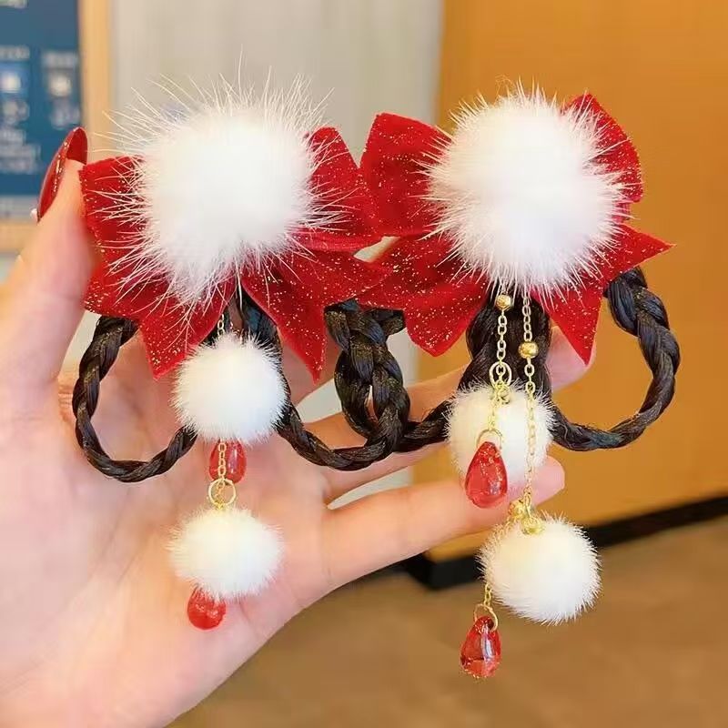 Children's Hanfu Headwear Women's Antique New Year's Day Headwear Girl's Bow Tassel Wig Hair Card Girls' New Year's Hair Accessories