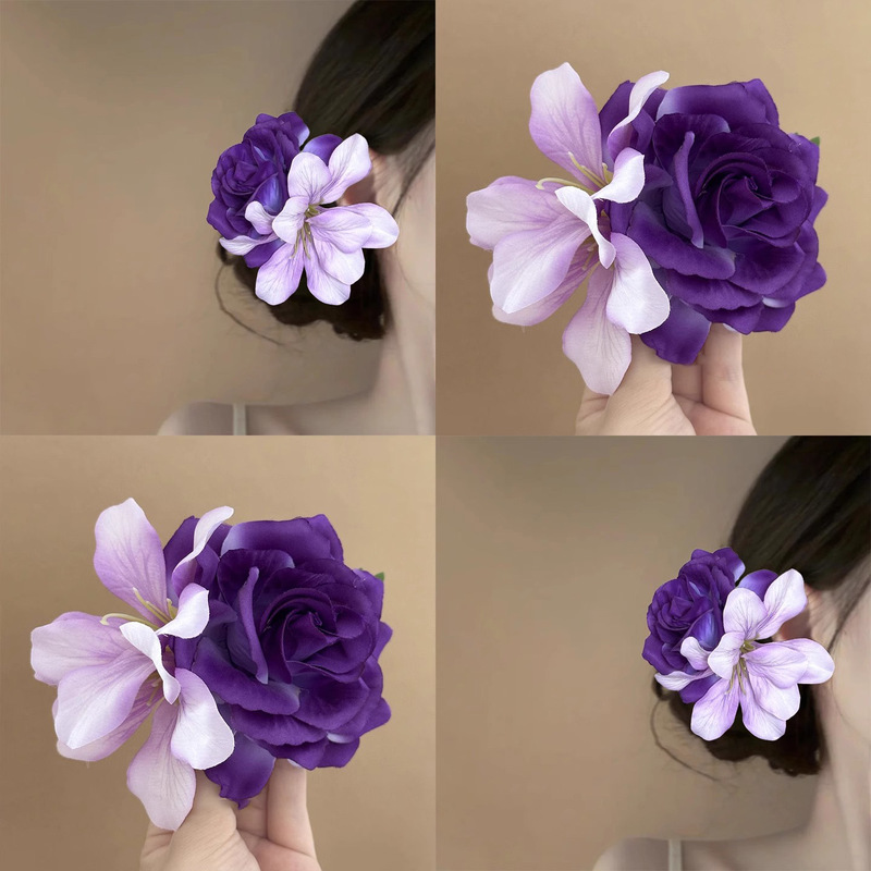 Purple Rose Flower Hairpin for Women 2025 New Popular Atmosphere Head Flower Hair Accessories Photo Hair Accessories Hairpin