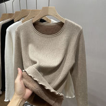 加绒加厚针织衫内搭保暖圆领毛衣女秋冬季显瘦低领一体绒边打底衫