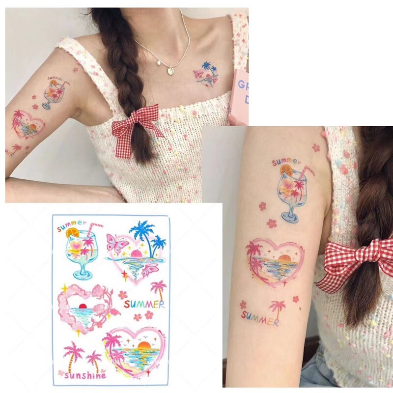 Sweetheart Coast Tattoo Sticker Graffiti Crayon Oil Stick Summer Love Seaside Waterproof Lasting Tattoo Sticker Ins Style