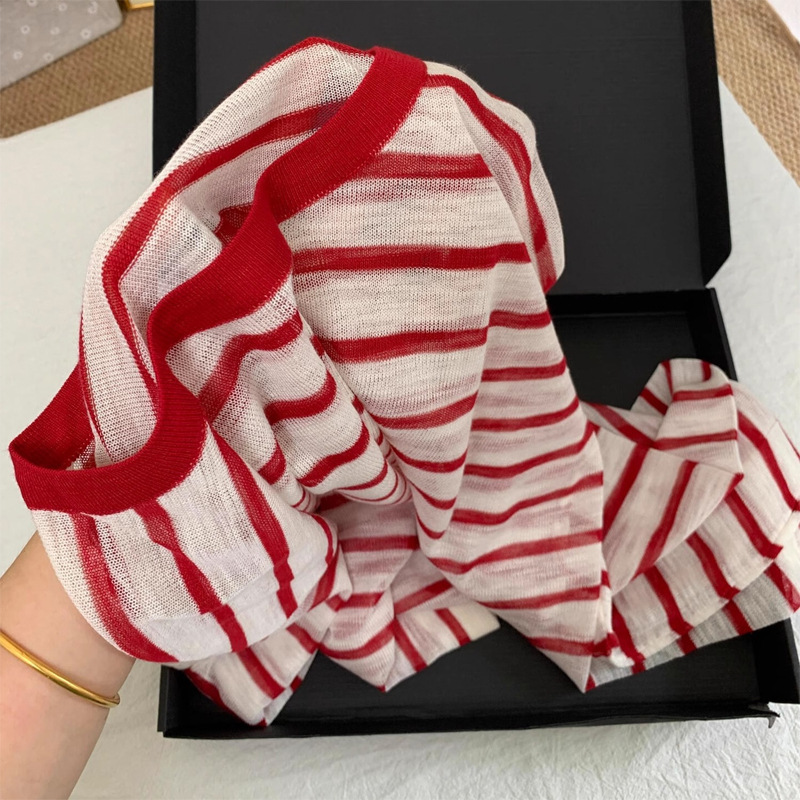 Highly Recommended! Very Easy to Wear and Whitening ~ Skin-Friendly Breathable Tencel Linen Stripesd Knitted T-Shirt Women's Sun Protection Blouse