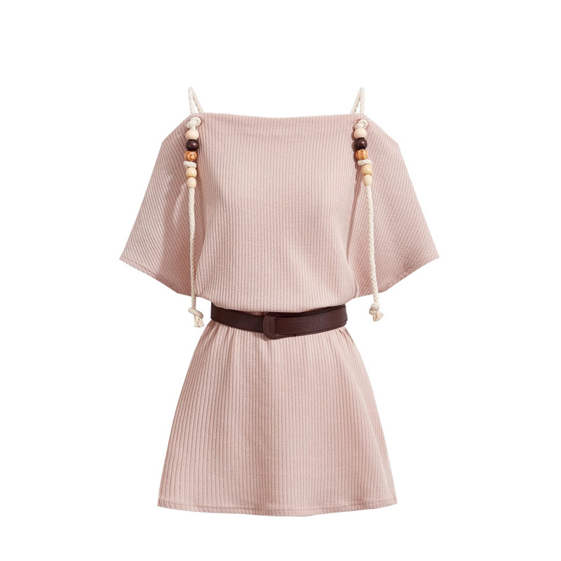 2025 New Summer Style Bohemian Style Braided Beaded One-Shoulder Short-Sleeved Loose Slimming Mid-Length Top for Women