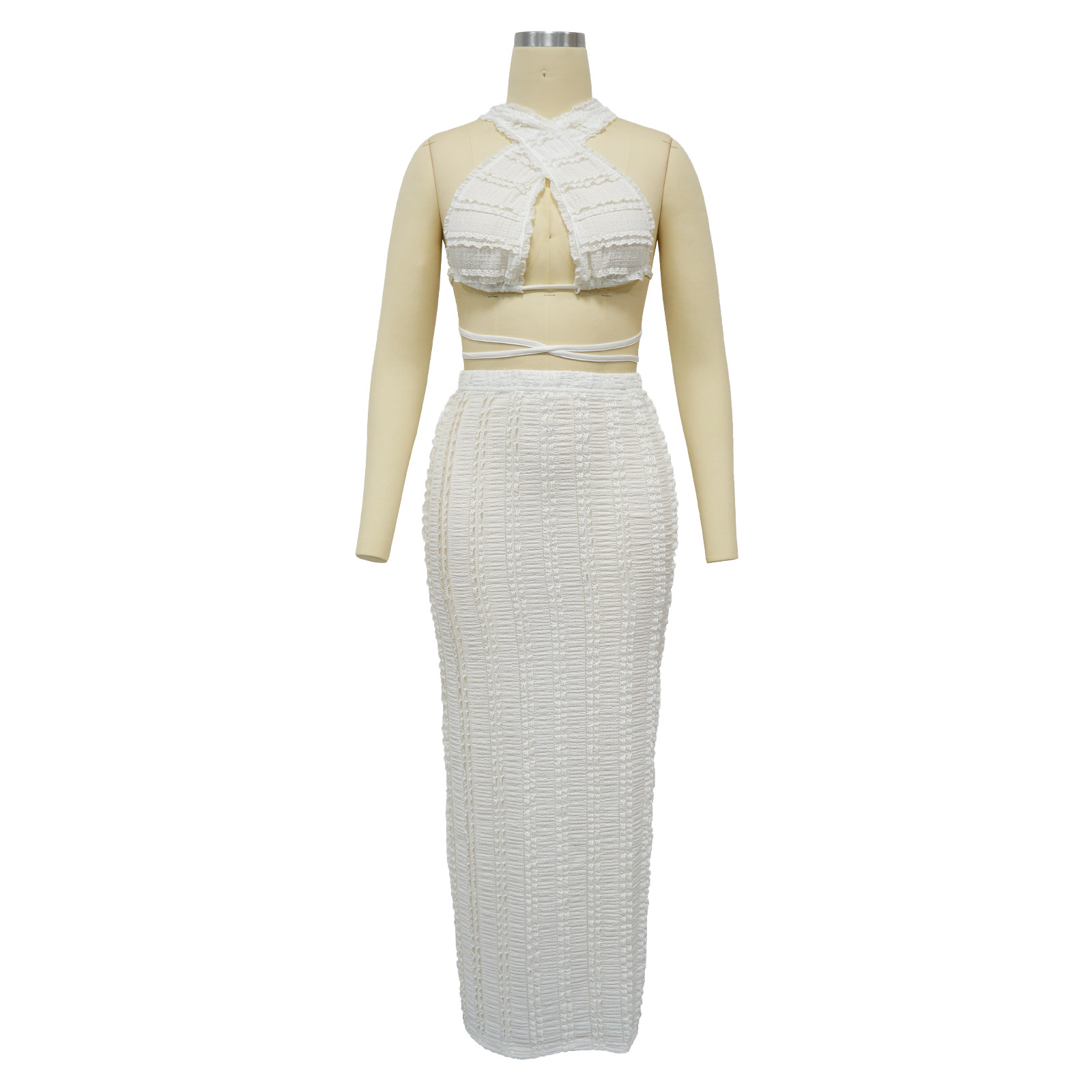 Completo da donna in denim con pizzo, senza maniche e schiena scoperta_voghion.com