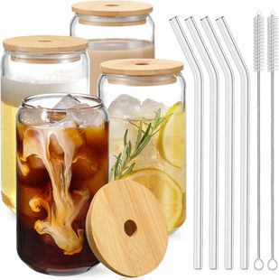 Export Glass Cup 16oz Export Can-Shaped Glass Cup with Lid Straw Ice Coffee Cup Mason Jar Cup Gift Cup