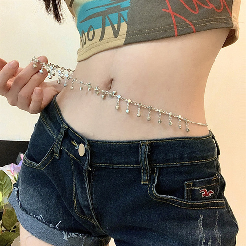 Seductive spicy girl! Diamond-embellished fringe slim waist chain women's sweet cool body chain summer fashion versatile accessories