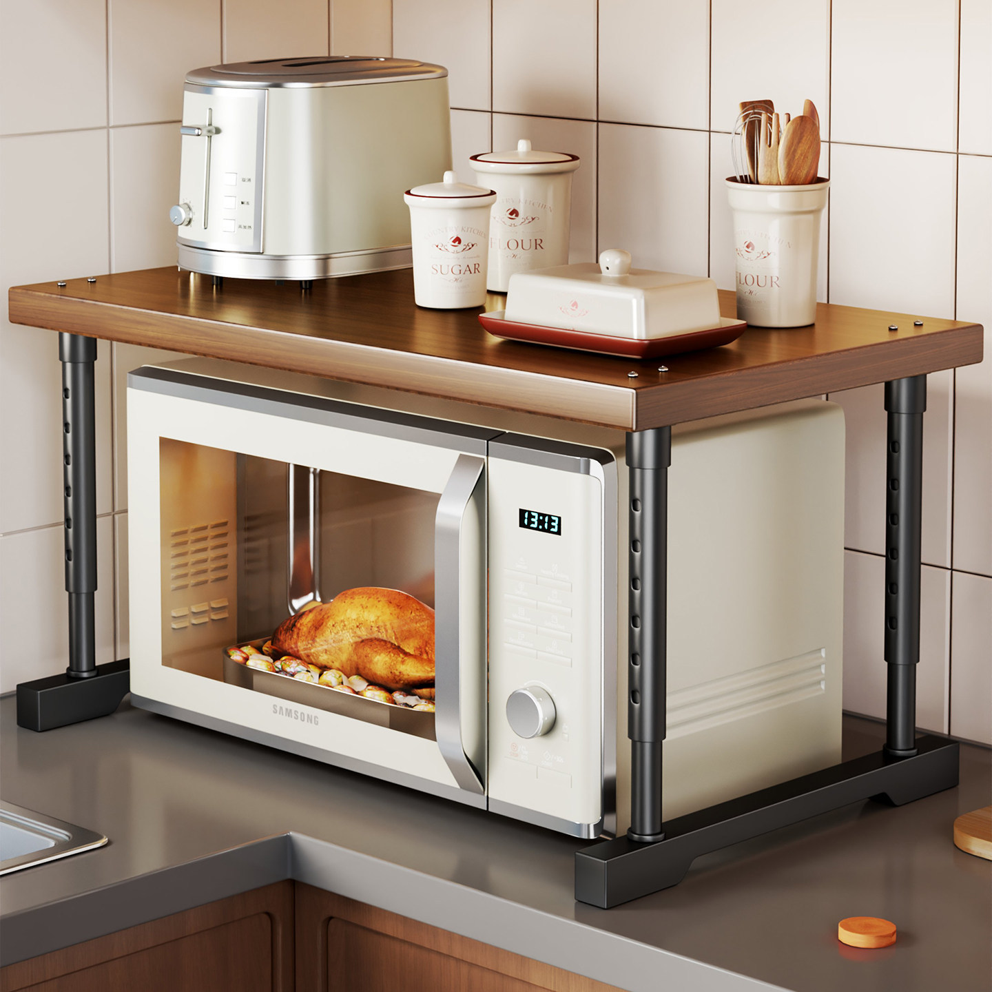 Microwave oven rack, household kitchen rack, countertop multifunctional storage shelf for oven, rice cooker, and small appliances