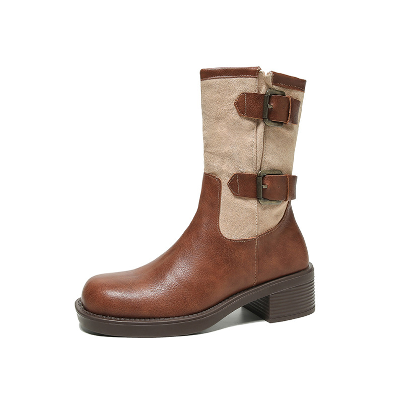 Vintage high-heeled booties Women's boots New fall/winter belt buckle mid-calf single boot chunky heel boots_voghion.com