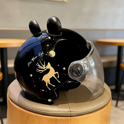 Xiaolu Electric Vehicle Helmet, Motosiklet kaskı (dəbilqə) - one-size-fits-all-unisex-a8-black-transparent-long-mirror-yulu-ping-an-black-bear-ears