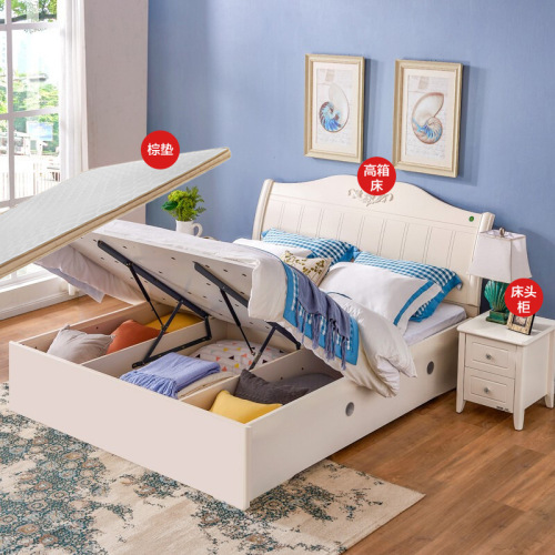 Portable Pearl 1.8-meter Master Bedroom Double Bed, 1.5m Korean Rustic Single Bed Mattress Furniture High Box Storage