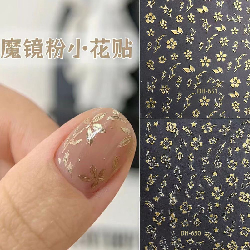 Internet-famous magic mirror powder small flower nail art stickers vintage decals 3D waterproof Japanese bronzing rose nail art decorations