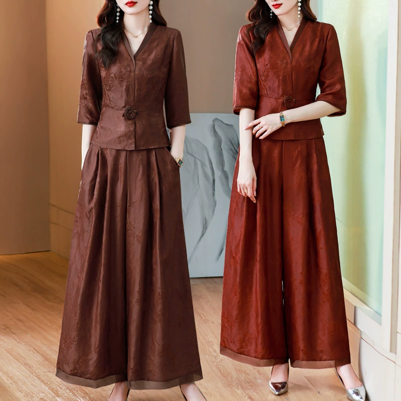 Новый китайский ретро-костюм 2024 осень-зима новая талия сшитый жаккардовый топ широкие брюки мама наряд из двух частей