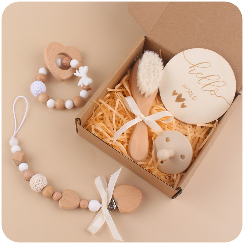 Nuevo bebé de dibujos animados amor haya mordedor hecho a mano arco chupete cadena pacificar bebé conjunto de cinco piezas